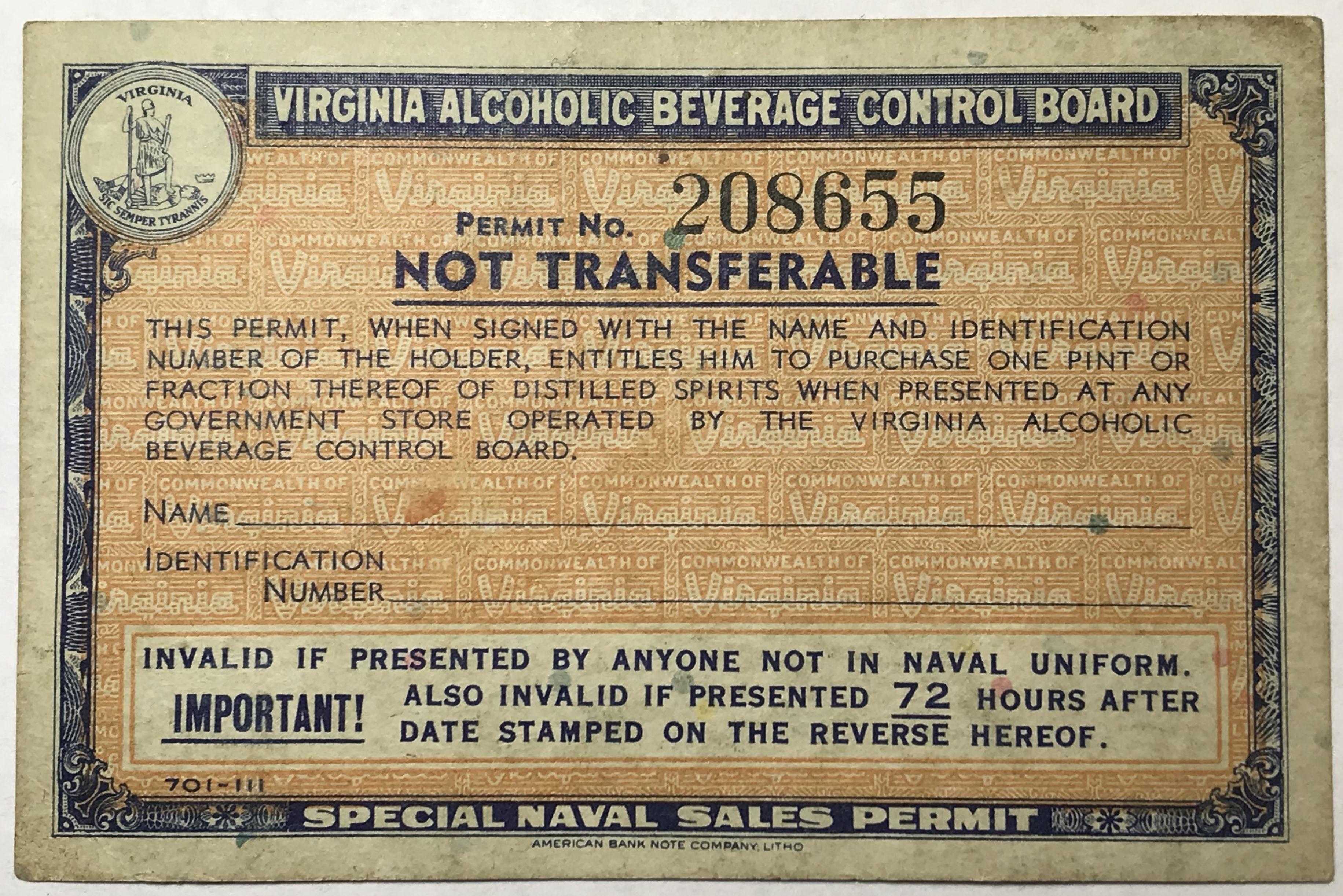 Vintage Special Naval Sales Permit Virginia Alcoholic Beverage