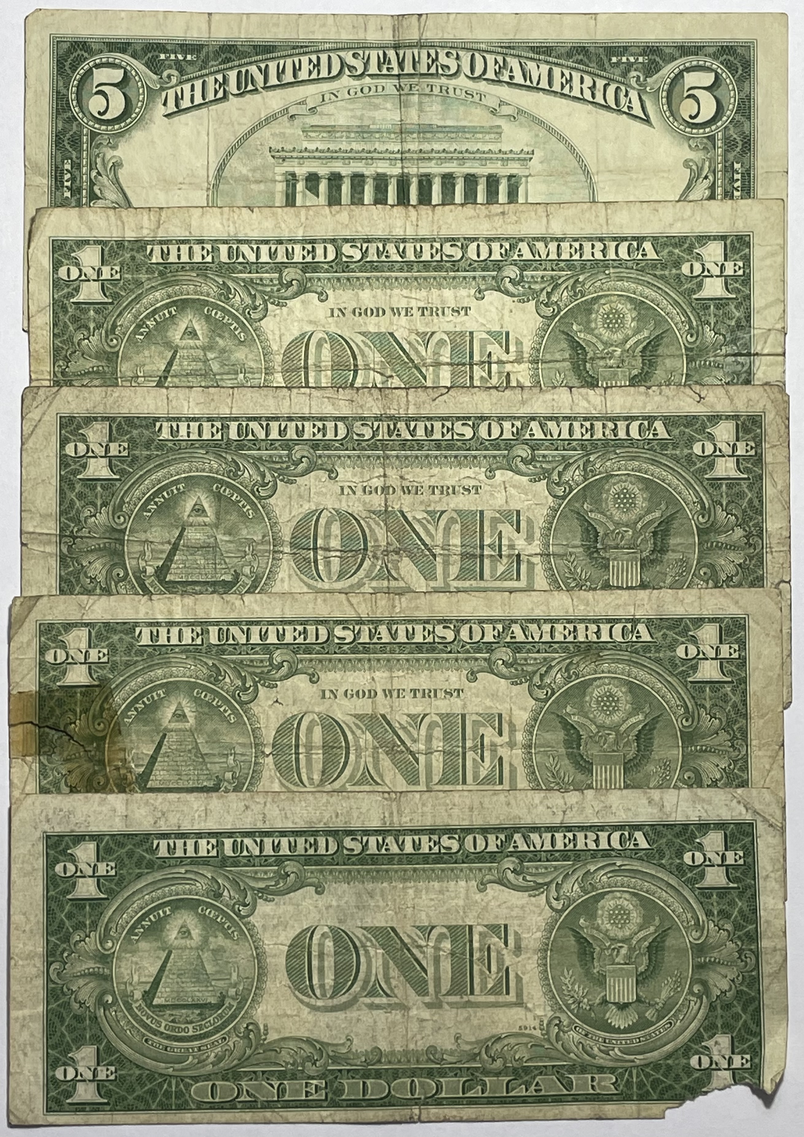 Lot of (5) Obsolete U.S. Currency Notes - 1963 $5 Red Seal, 1935E, (2 ...