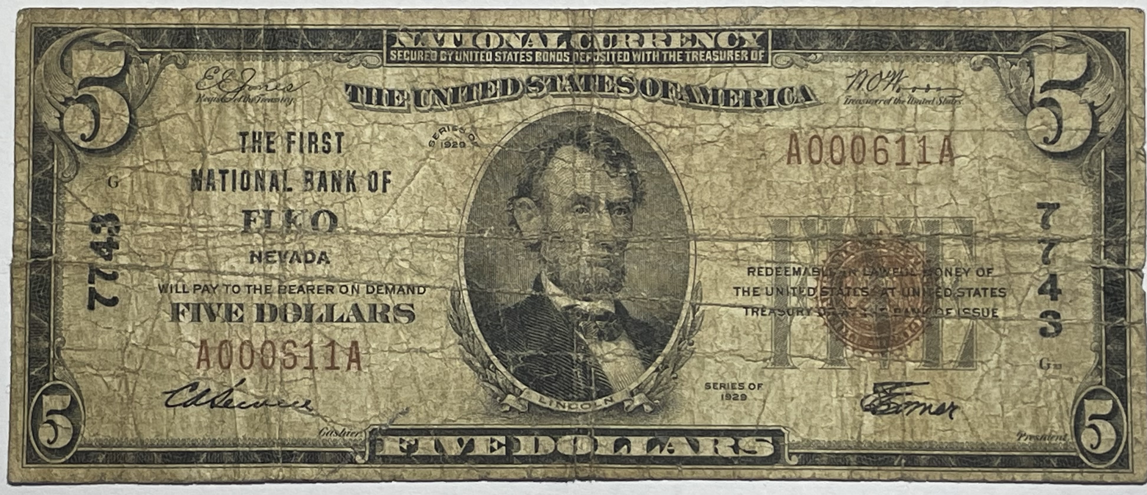 RARE 1929 5 First National Bank of Elko, Nevada Type 1 National