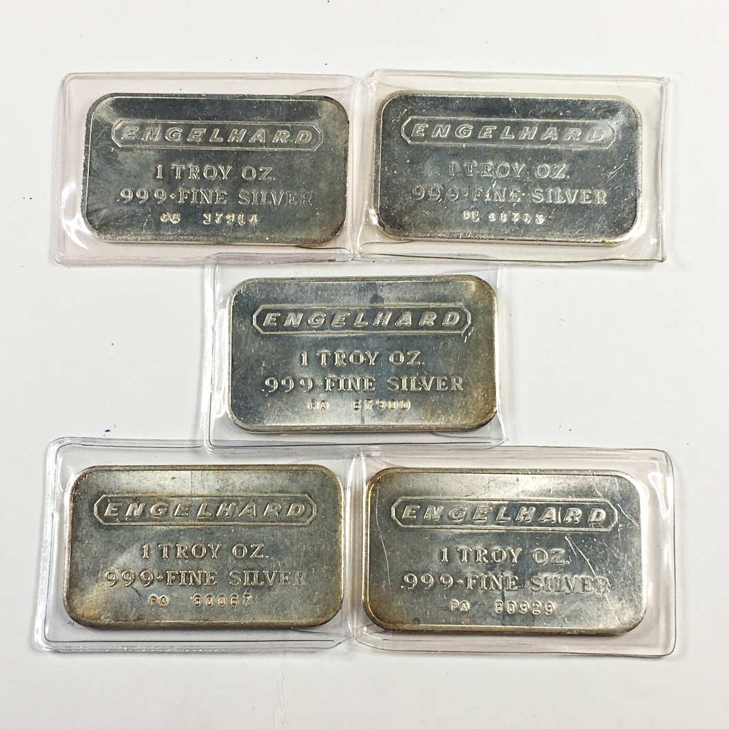 Five Troy Ounces .999 Fine Silver Lot of Five 1 Troy Ounce .999 Fine Silver Numbered Engelhard Bars*Total