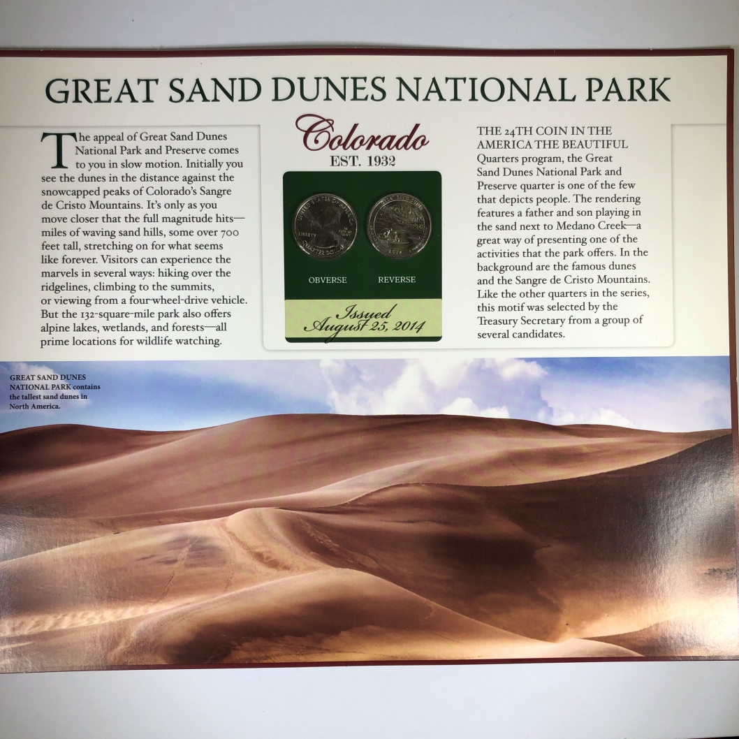 National Park Quarter Display Board featuring Great Sand Dunes