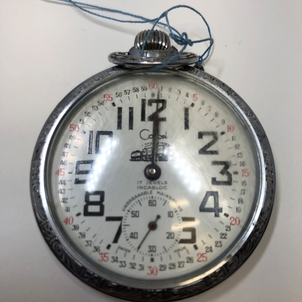Railroad Motif Pocket Watch Winds and Ticks, May Need Service