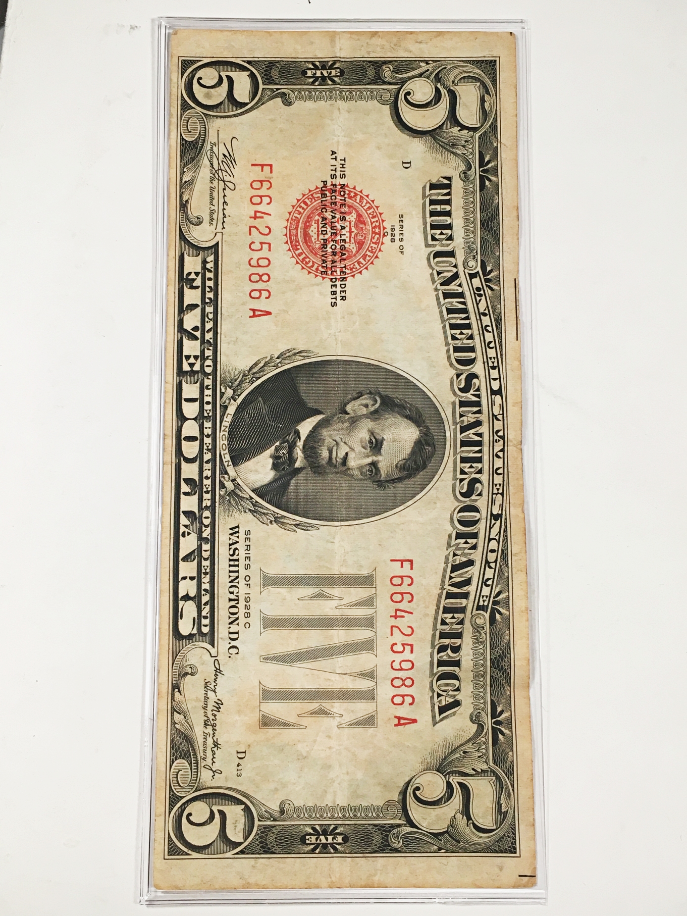 Red Note Money Series 1928C $5 United States Red Seal Note*Circulated*Crisp Paper ...