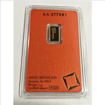 1 Gram .9999 Fine Gold Bar*Valcambi*With Assay Certificate