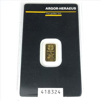 1 Gram .9999 Gold Bar*Argor*Heraeus*In Business Care Sized Holder with Certification