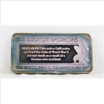 1 oz .999 Fine Silver George Patton Hamilton Mint - Our Greatest Americans Series Silver Art Bar - Pretty Blue and Purple Toning