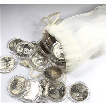 100 High Grade Uncirculated State Quarters in Protective Capsules and Cloth Bag