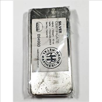 10oz 999 Fine Silver Bar Nadir Hand Poured Look Serial B94993