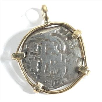 1730 Spanish Silver 2 Reale Cob Coin in 14K Gold Bezel*6.7 Grams Total Weight