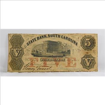 1800's $5 State Bank of South Carolina Obsolete Broken Bank Note - Original Hand Signed and Numbered