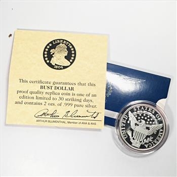 1804 Commemorative Bust Dollar*Two (2) Oz .999 Pure Silver*Proof*Coa