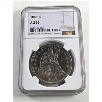 1845 Seated Liberty Silver Dollar*Graded AU55 by NGC