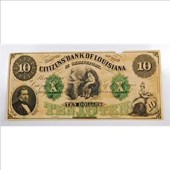 1857 $10 Citizens' Bank of Louisiana Shreveport Crisp and Unissued Obsolete Bank Note