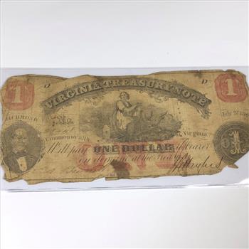 1862 $1 Virginia Treasury Note*Obsolete Currency From Richmond