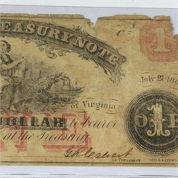 1862 $1 Virginia Treasury Note*Obsolete Currency From Richmond