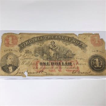 1862 $1 Virginia Treasury Note*Obsolete Currency From Richmond