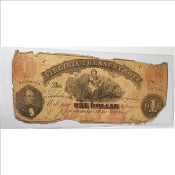 1862 One Dollar Virginia Treasury Note*Richmond, VA