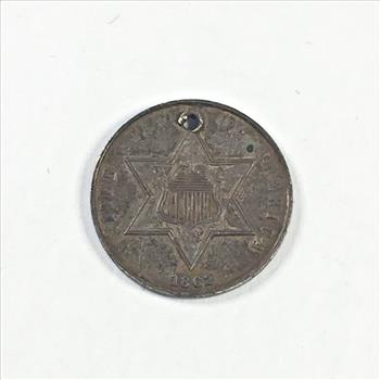 1862 Silver 3 Cent Piece*Nice Detail*Holed