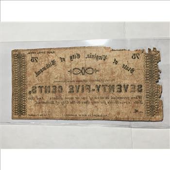 1862 States of Virginia, City of Richmond 75 Cents Fractional Obsolete Note