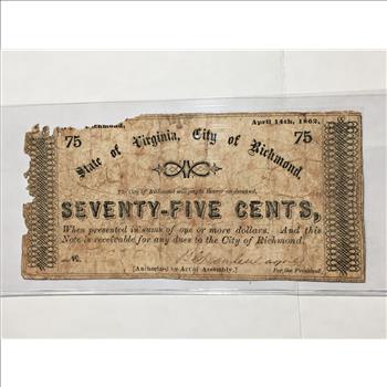 1862 States of Virginia, City of Richmond 75 Cents Fractional Obsolete Note