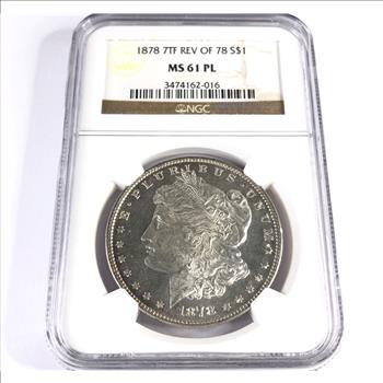1878 7 Tail Feather Reverse of 1878 MS61 Proof Like NGC Graded Morgan Dollar High Grade Uncirculated