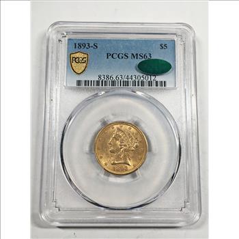 1893-S Liberty Head $5 Gold Half Eagle*Graded MS63 by PCGS Green CAC Sticker