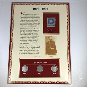 1900-1902 Silver Barber Dimes on Informative Display Board