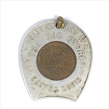 1902 Indian Head Cent Encased in Vintage Good Luck Horseshoe Ad for 