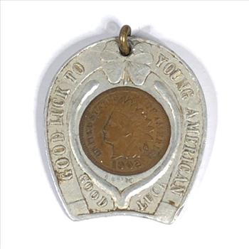 1902 Indian Head Cent Encased in Vintage Good Luck Horseshoe Ad for 