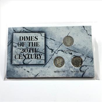 1906 Silver Barber Dime, 1941 Silver Mercury Head Dime and 1973 Roosevelt Dime*Dimes of the 20th Century