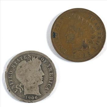 1906 Silver Barber Dime and 1902 Indian Head Cent
