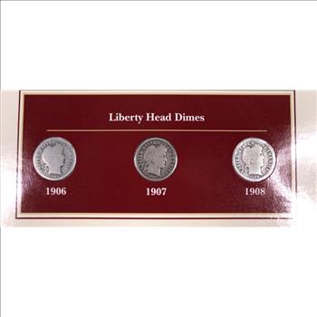 1906-1908 Silver Barber Dimes on Informative Display Board