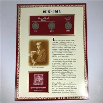 1915-1916 Silver Mercury & Barber Dimes on Informative Display Board