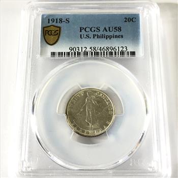 1918-S US Philippines Silver Twenty Centavos*Graded AU58 by PCGS*Gold Label