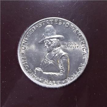 1920 Silver Pilgrims 300th Anniversary Commemorative Half Dollar and Three Stamps*High Grade Coin in Portfolio