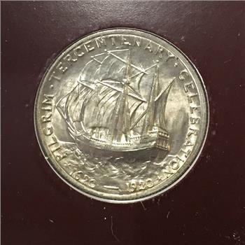 1920 Silver Pilgrims 300th Anniversary Commemorative Half Dollar and Three Stamps*High Grade Coin in Portfolio