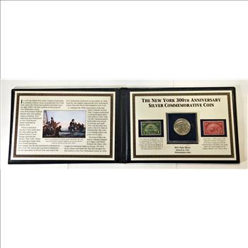1924 Silver New York 300th Anniversary Commemorative Half Dollar*Also Two Stamps*High Grade Coin in Portfolio