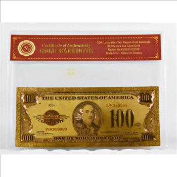 1928 $100 Gold Certificate 24K Gold Banknote w/COA Laboratory Test Report - Modern Issue