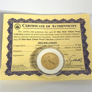 1929 $5 Gold Coin Replica Layered in 24KT Gold in Protective Holder