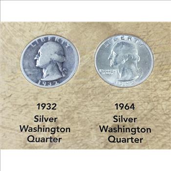 1932 and 1964-D Silver Washington Quarters*First and Last Years of Issue*In Portfolio*1964-D is High Grade