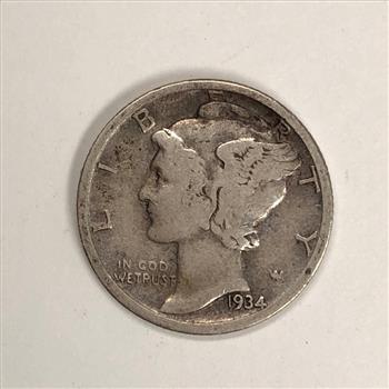 1934-D Mercury Silver Dime – About Uncirculated (AU) Stock Photo, Free Shipping
