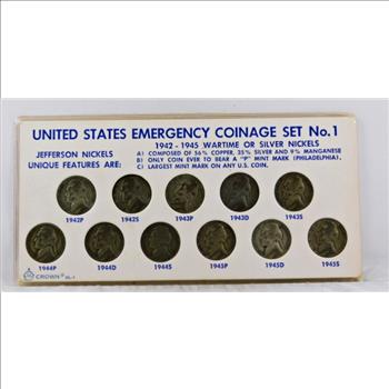 1942-1945 United States Emergency Coinage Set Nickels*35% Silver*Eleven Nickels*Encased in Cardboard/Plastic