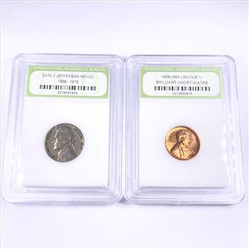 1947 Jefferson Nickel and Brilliant Uncirculated 1963-D Lincoln Head Memorial Cent*In Custom Holders