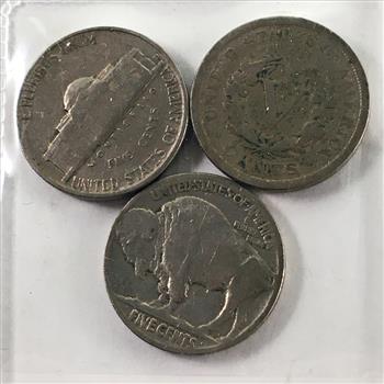 1955-D Jefferson Nickel, 1936 Buffalo Nickel and 1911 Liberty Head 