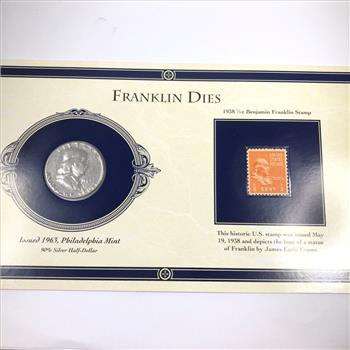 1963 Silver Franklin 50c Plus 1938 Historic 1/2c Stamp*On Story Board