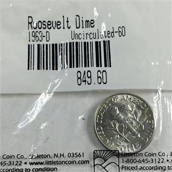 1963-D Silver Roosevelt Dime*Graded Uncirculated 60 by Littleton Coin Company*In Sealed Packet