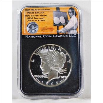 1965 BROKEN SWORD Peace Silver Dollar*Graded Gem BrilliantUncirculated by NCG*1oz .999 Fine Silver