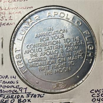1968 Apollo * Medallion*Aluminum*39mm*First Lunar Apollo Flight