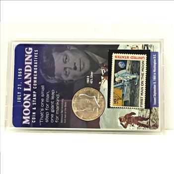 1969-D Kennedy Half Dollar and 1969 10c First Man on the Moon Commemorative Stamp*In Custom Holder