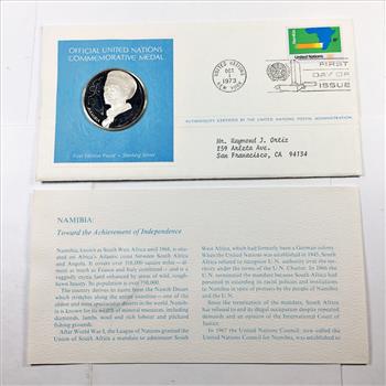 1973 Sterling Silver First Edition Proof of United Nations Namibia Commemorative Medal*With Original Stamp on FDC